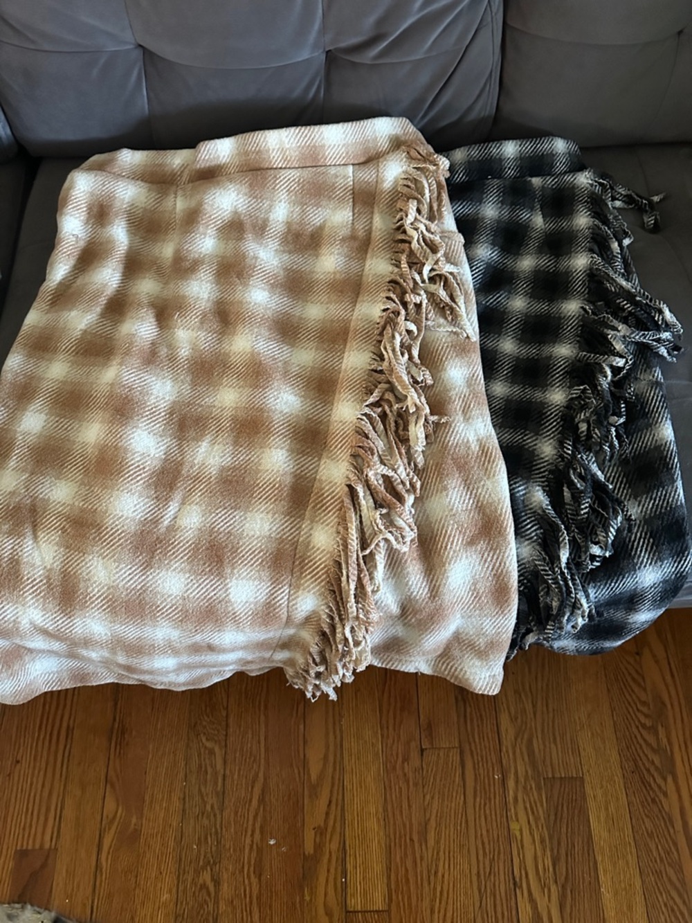 Time and Tru Asymmetrical Plaid Fringe Skirt in Beige and Black